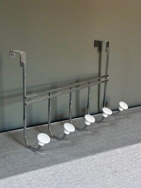 Container Store: Chrome 5-Hook Over-the-Door Rack with White Ceramic Knobs